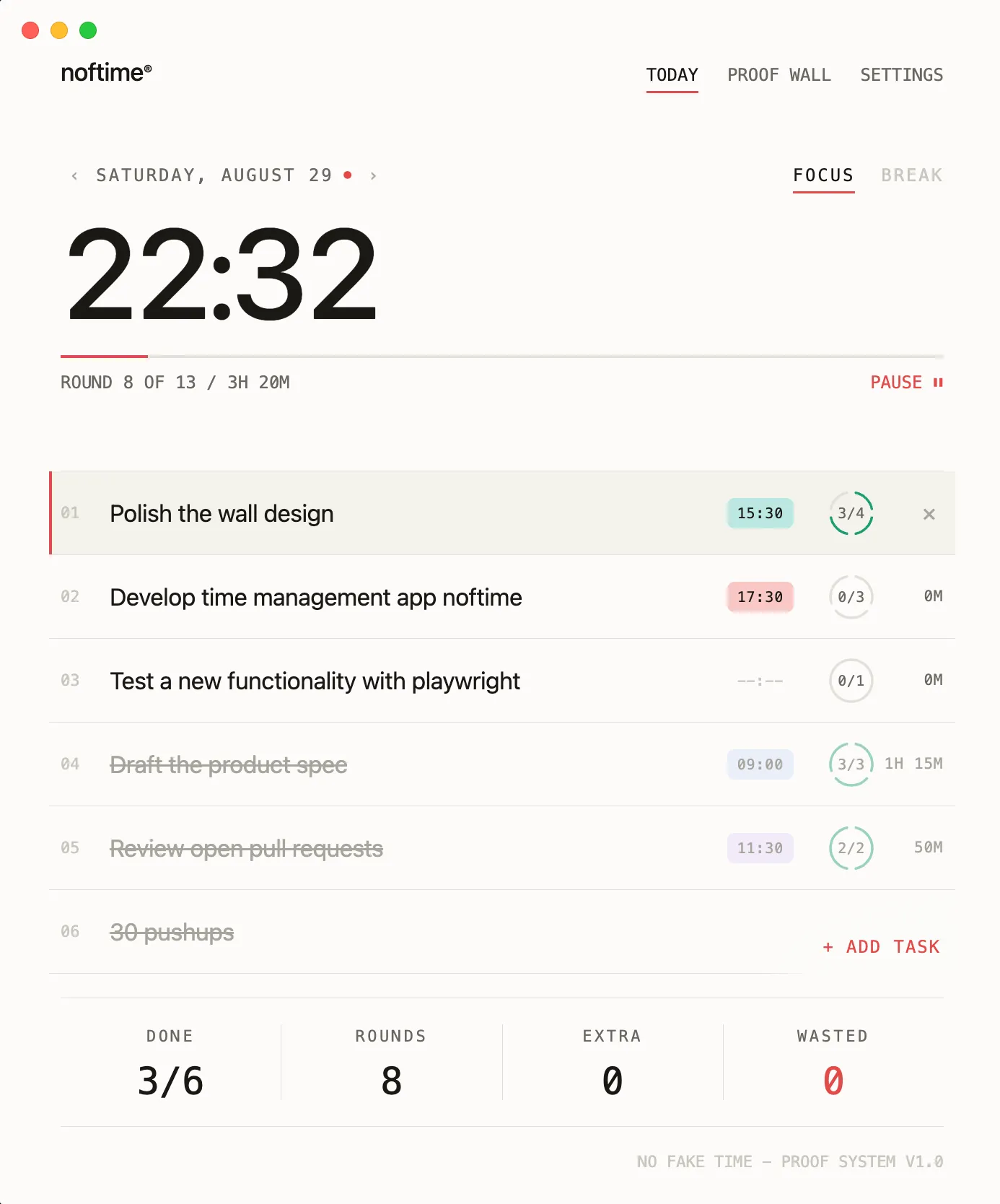 noftime Today view with the plan list, a running round and daily totals