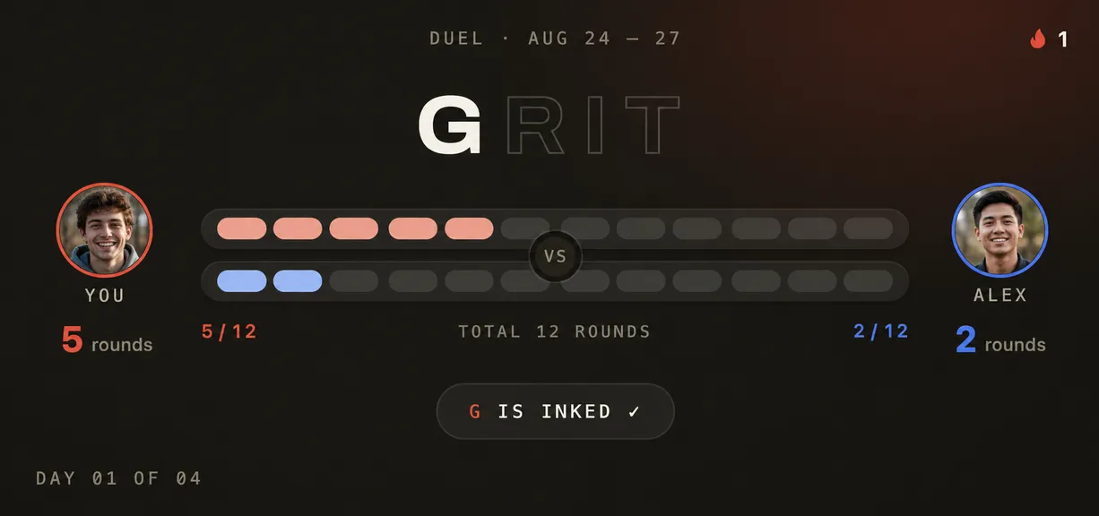 Duel ticket for the word GRIT: you at 5 of 12 rounds versus Alex at 2 of 12, the G already inked, day 1 of 4