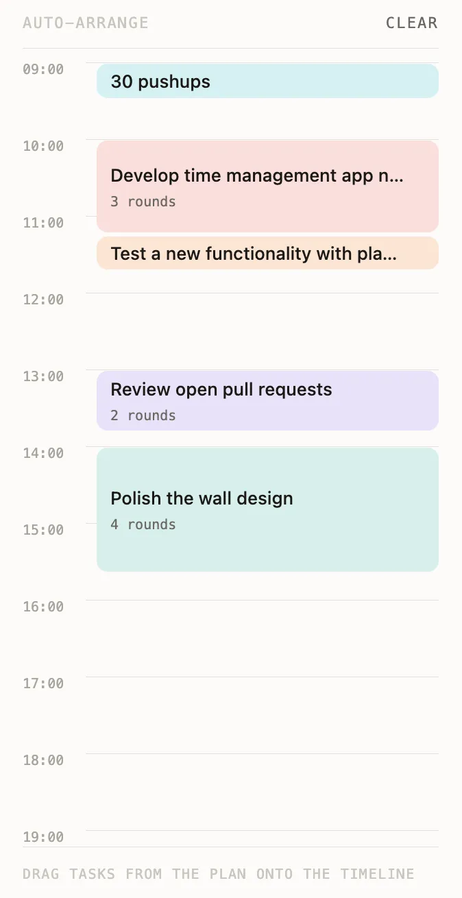 The morning plan on the noftime timeline: pushups at 09:00, three rounds of app development at 10:00, testing, pull-request reviews after lunch and four rounds of design work in the afternoon